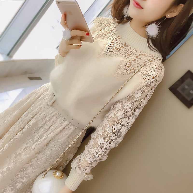 小样传奇 蕾丝连衣裙chic早秋装女2019新款韩版中长款长袖女装冬季打底裙子 杏色 S