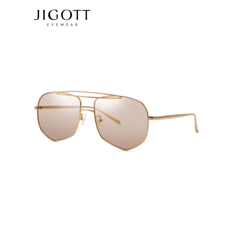 JIGOTT太阳镜 女士金属大框浅色尼龙镜片潮墨镜 2019新品520213 金框透茶片