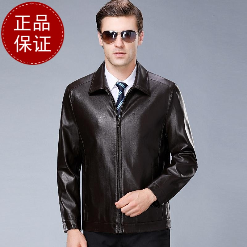 正品男装正品海宁皮衣男绵羊皮真皮翻领大码商务休闲2018秋装新款真皮夹克官方旗舰店特卖特卖 170 暗红