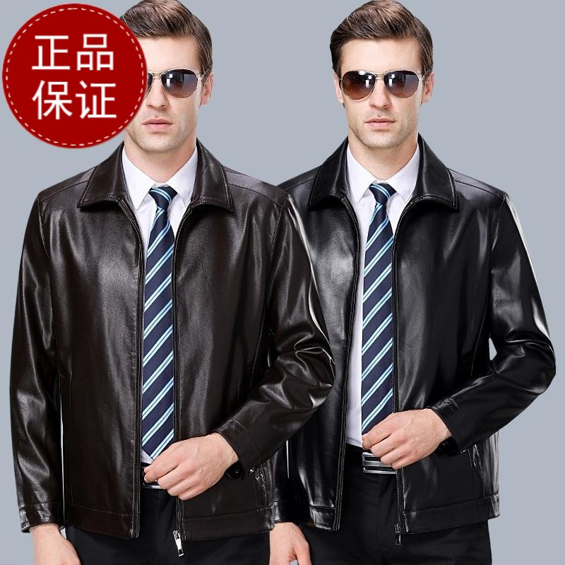 正品男装正品海宁皮衣男绵羊皮真皮翻领大码商务休闲2018秋装新款真皮夹克官方旗舰店特卖特卖 175 黑色