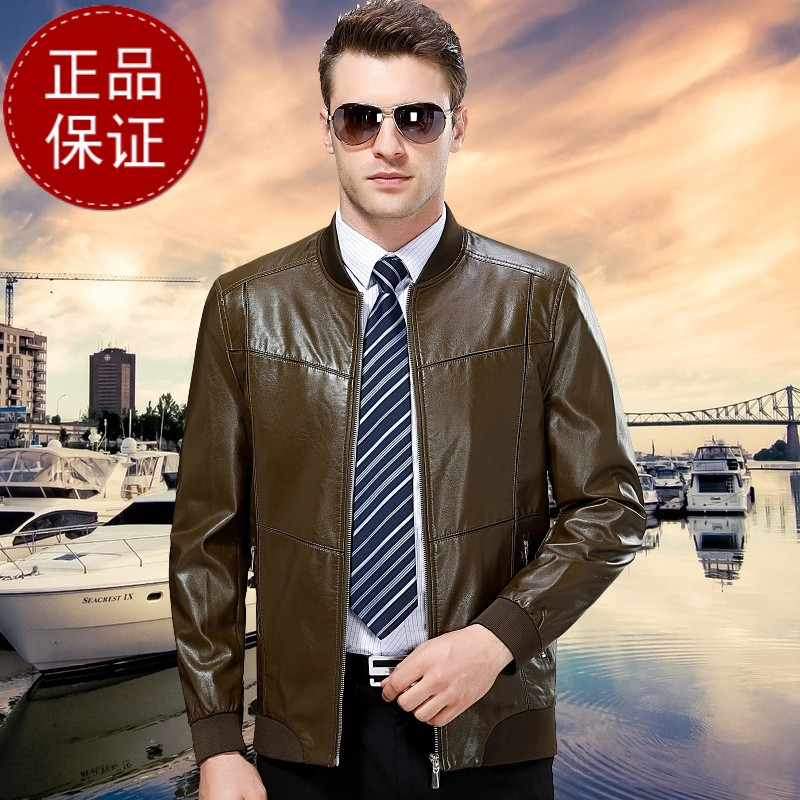 专柜正品海宁真皮皮衣男士绵羊皮棒球领皮夹克加绒加厚立领大码男式薄外套阿玛尼金利来梦特娇鄂尔多斯红豆劲霸七匹狼 170/84A 1699黑色加绒翻领