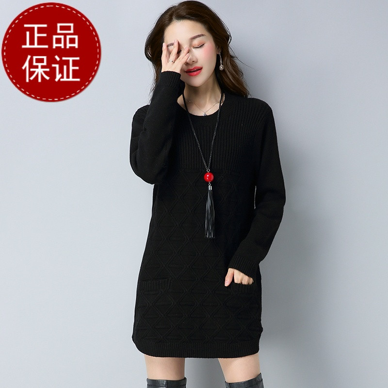 鄂尔多斯羊绒衫女秋冬连衣裙女纯山羊绒衫圆领宽松显瘦中长款春秋时尚套头毛衣针织长袖高端精致连衣裙秋冬女气质名媛新款外穿 黑色 L