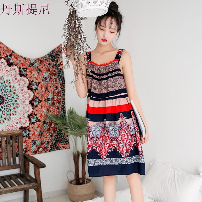 宽松韩版清新带睡裙人造棉睡衣女夏纯棉中裙大码棉绸家居服新品 165(L) 牛仔蓝