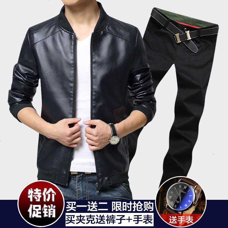 幸福时光【买一送二】夹克男2018秋冬季男装韩版修身皮衣男潮流男装短外套PU皮夹克褂子_4_7_5 上衣3XL+裤子34+手表 咖啡色加绒+裤子