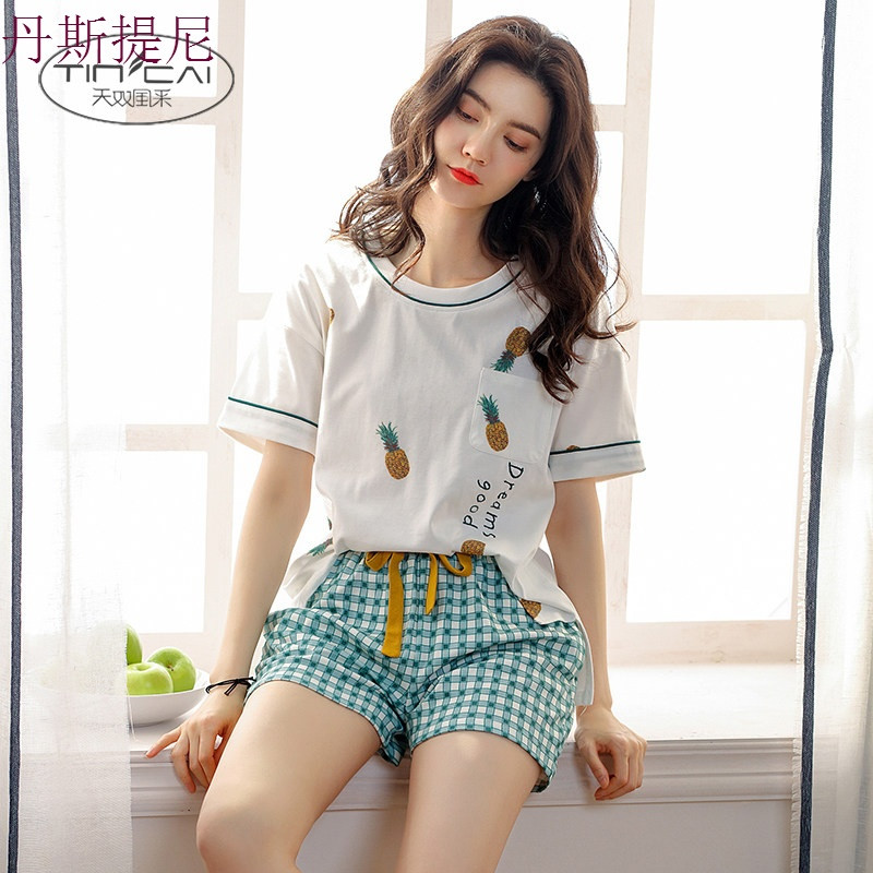 睡衣女夏季纯棉短袖宽松两件套韩版套装清新学生可外穿家居服夏天_1_2_5 女S(现货！适合150-155CM体重70-80)【赠运费险 HDLW3475菠萝格短裤套装