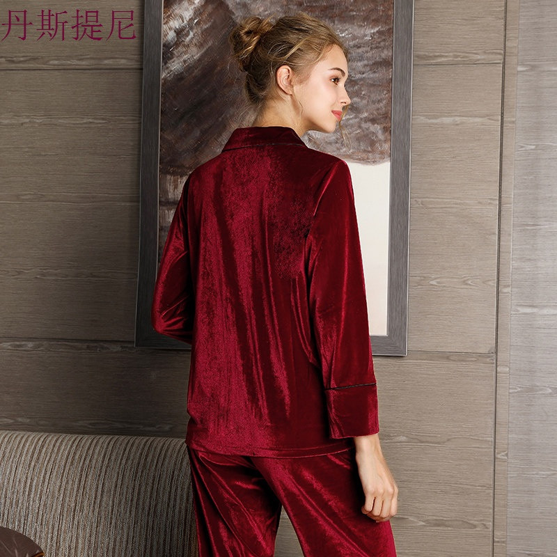金丝绒睡衣女春秋季套装长袖两件套家居服女士韩版大码冬季可外穿 160(M) 酒红色SY8663