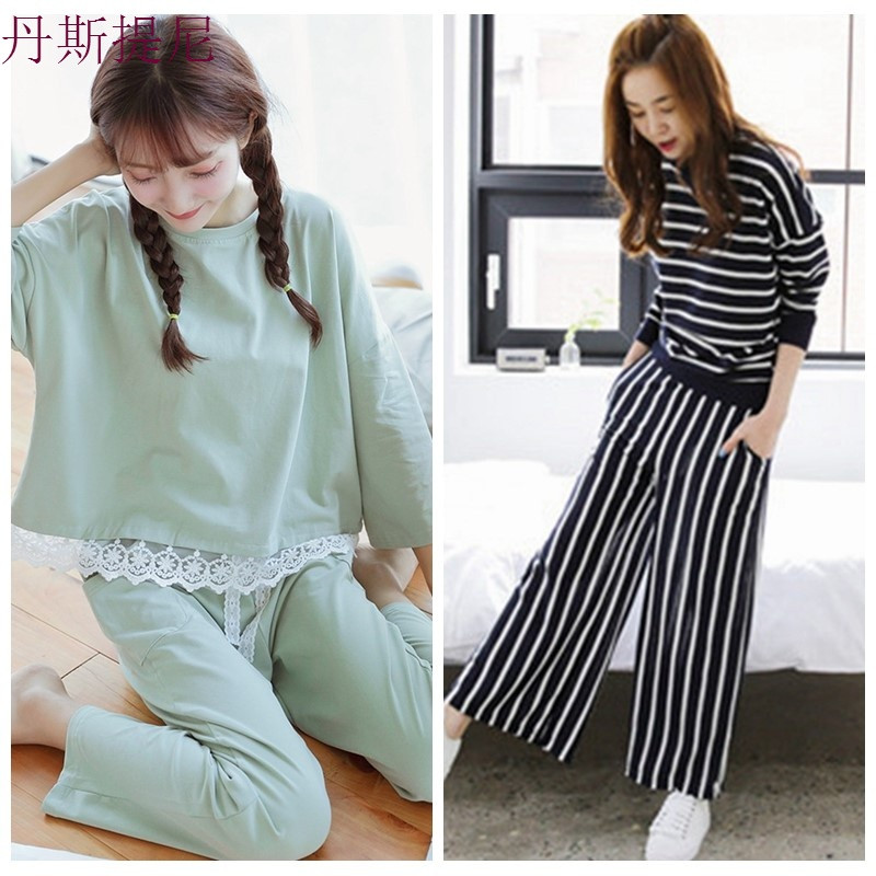 春秋季韩版清新长袖纯棉可爱女夏款睡衣家居服学生可外穿薄款套装_9 L【好质量，柔软不起球】 红色绿花边+阔腿条纹