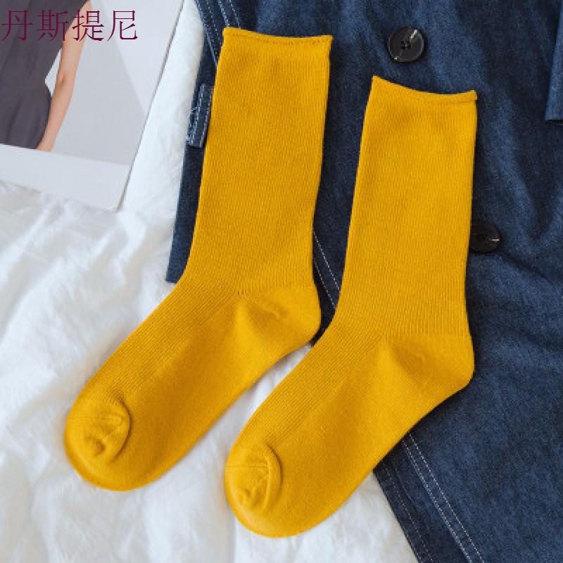 袜子女薄款堆堆袜中筒纯棉夏季韩版学院风百搭宝蓝色紫色潮长袜子_1 均码 姜黄色3双