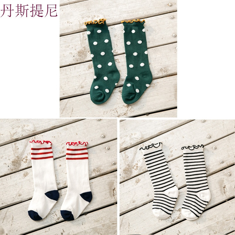 儿童堆堆袜子春秋夏季女童宝宝长筒袜1-2-4-5-7岁纯棉花边公主袜 3-5岁建议脚长14-16厘米 墨绿+红条+黑条3双装