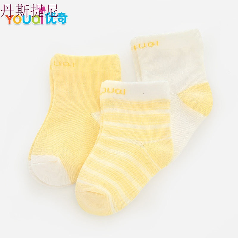 婴儿棉袜子新生0个月3初生春秋冬1岁6男童宝宝儿童女童中筒长袜子_1 M码推荐9-18个月 秋【三双装】黄
