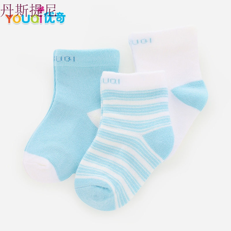 婴儿棉袜子新生0个月3初生春秋冬1岁6男童宝宝儿童女童中筒长袜子_1 M码推荐9-18个月 秋【三双装】蓝
