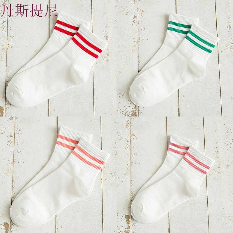 4双装女夏秋季韩版二杠棉袜纯色中筒袜棒球袜学生简约高腰袜子 均码 深红+深绿+皮粉+橘粉