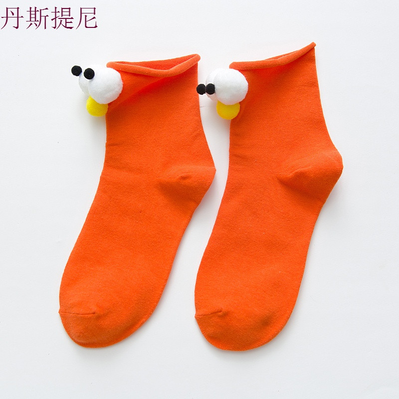 ins抖音立体大眼睛袜子女春秋款3d短袜可爱搞怪卡通中筒袜长袜潮 眼睛在后 橘色3双