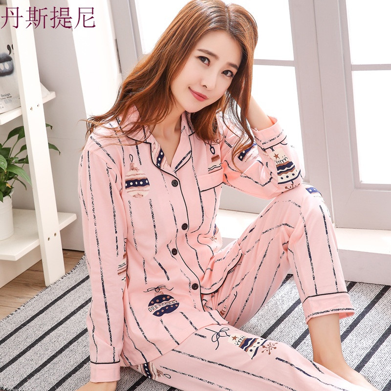 春秋季睡衣女长袖纯棉套装夏薄款韩版女士加大码可爱全棉质家居服_6 XXL码--（建议140-160斤） 1805热卖