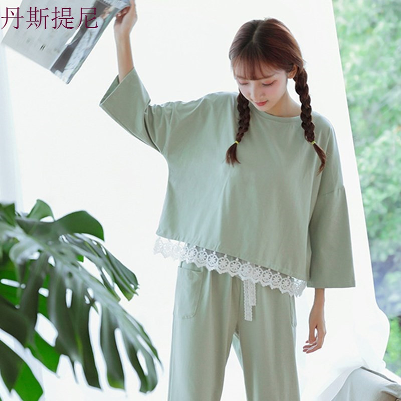 睡衣女秋季长袖两件套韩版清新学生薄款卡通宽松春秋套装家居服萌_2 L 绿色绿花边