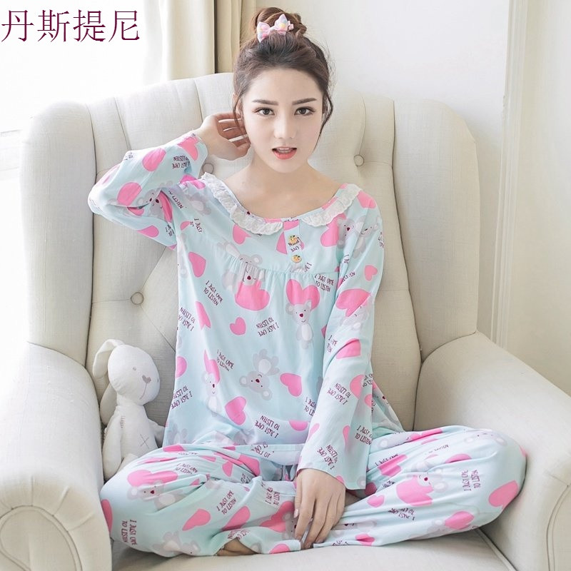 韩版棉绸睡衣女长袖春秋夏薄款甜美可爱绵绸家居服人造棉两件套装_0 棉绸长袖XXL 蓝色爱心熊
