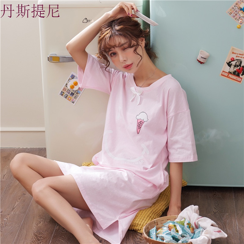 韩版睡裙女夏清新学生睡衣纯棉甜美可爱短袖宽松中裙可外穿秋冰丝 170(XL) 粉色859雪糕脸
