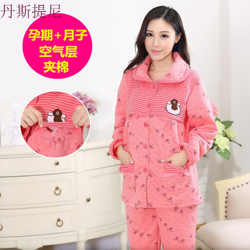 冬天孕妇哺乳期空气层夹棉月子服加厚秋冬季产后纯棉保暖喂奶睡衣_9 XXL码【140-165斤】 326#条纹绵羊（红）