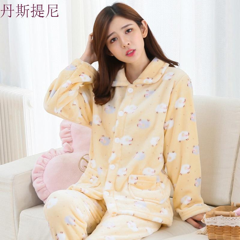 韩版睡衣女秋冬款长袖加厚珊瑚绒可爱甜美秋季法兰绒家居服套装_4_1_8 L码90-110斤 黄咩咩