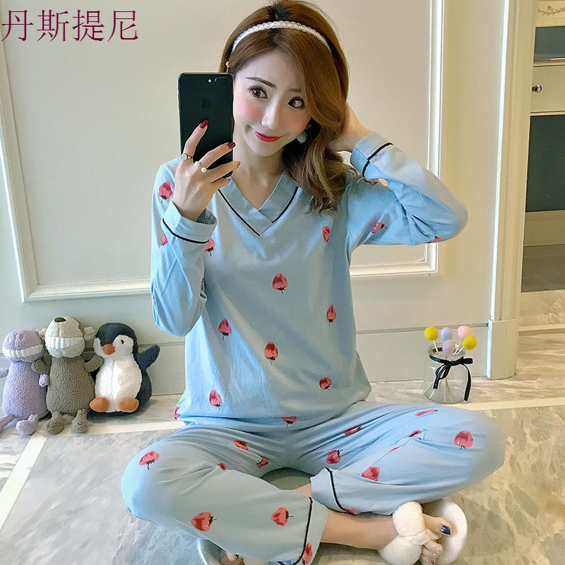 纯棉睡衣女夏长袖韩版清新学生甜美可外穿秋季全棉绸家居服两件套 L码(162-166/100-115斤) 805.2草莓蓝色