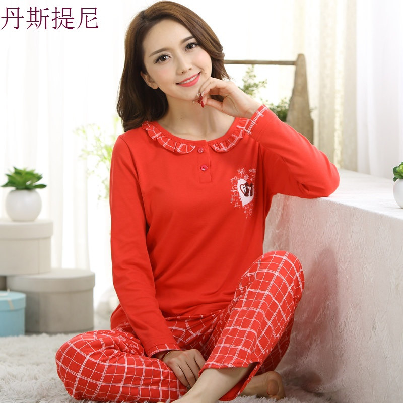 春秋季女士纯棉睡衣长袖韩版宽松秋款可外穿夏全棉家居服薄款套装 收藏加购优先发货！！ 两纽格女
