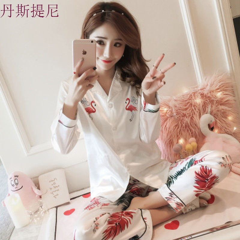春秋季长款真丝睡衣女士长袖薄款夏季性感女冰丝绸两件套装家居服_12 L码建议100-119斤 MBN-359#火烈鸟