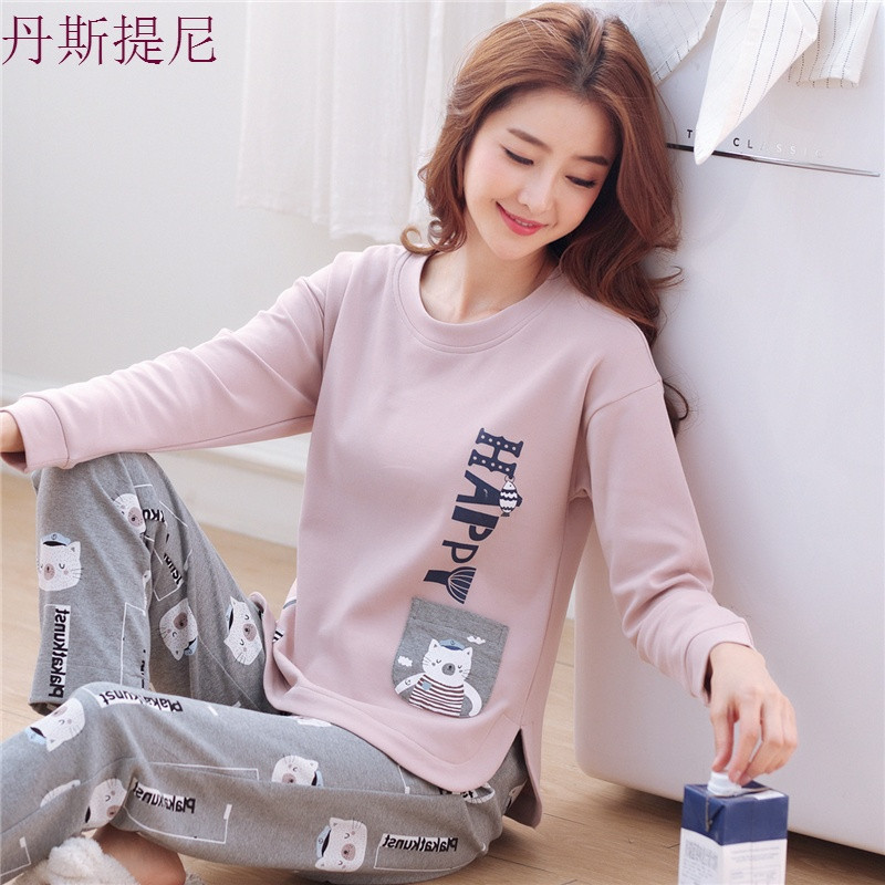 韩版春秋季睡衣女纯棉长袖全棉甜美可爱夏天薄款可外穿家居服套装 XL（建议120-140斤） A5647