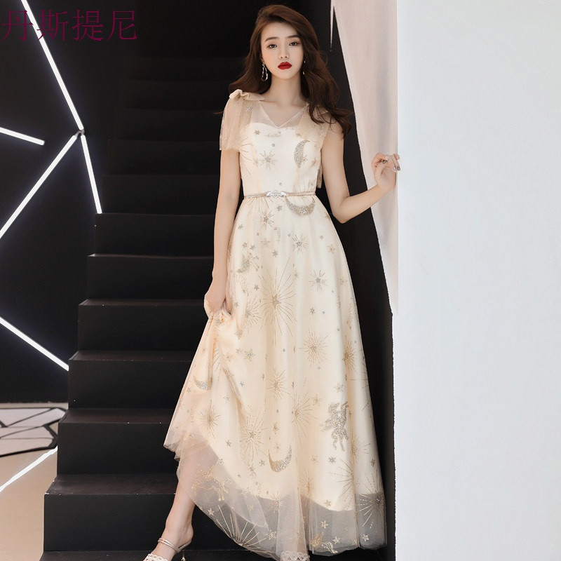 香槟色礼服裙女2018新款长款修身伴娘服名媛宴会派对主持人晚礼服_6 XXL 香槟色983