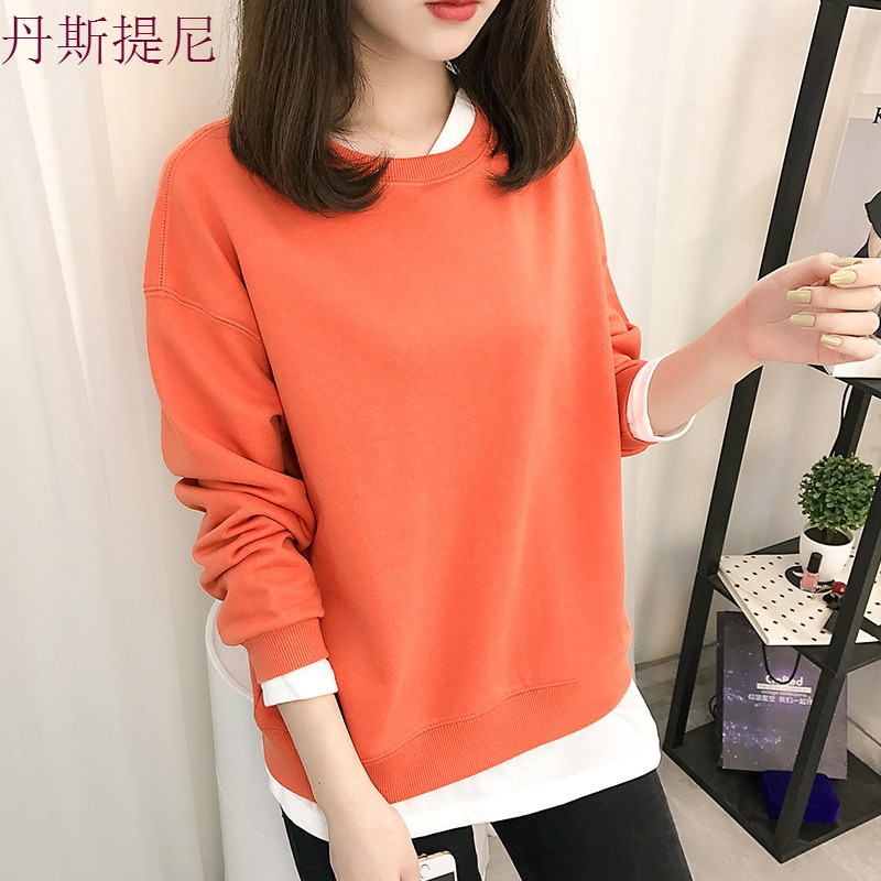 初秋装2018新款韩版宽松百搭长袖女圆领套头薄款假两件卫衣上衣服_8 XL 桔红色
