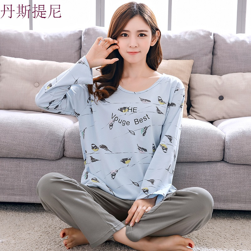 特价睡衣女春秋季纯棉长袖套装加大码韩版清新宽松全棉家居服冬款_1_5 XL（优质纯棉） 蓝灰8876