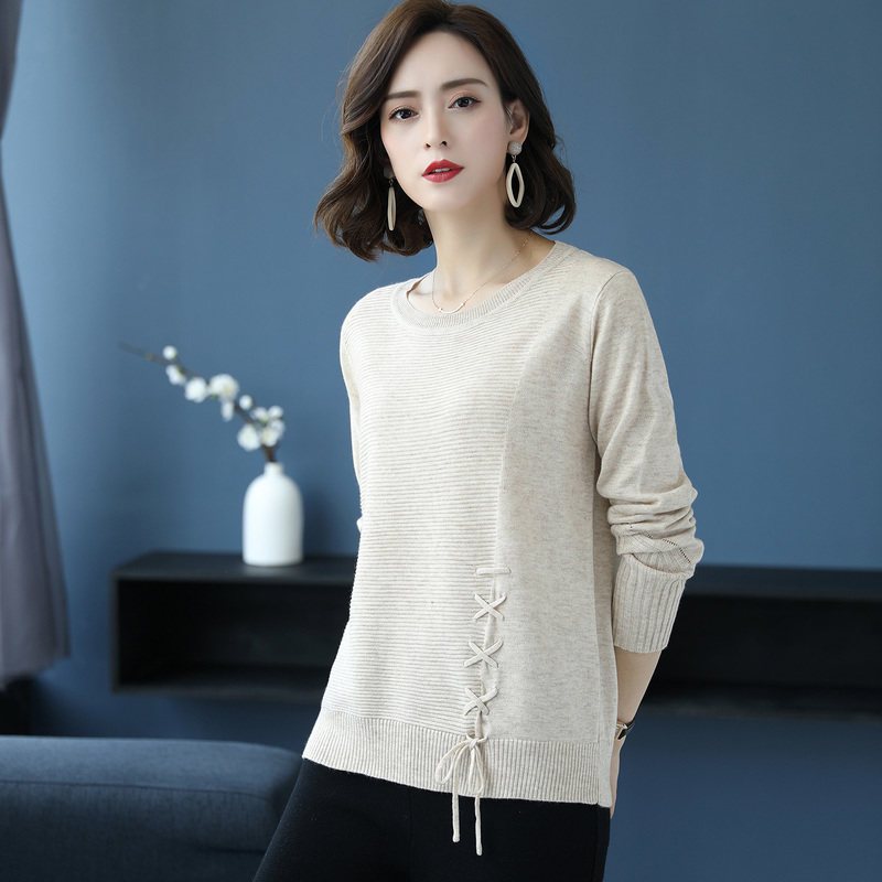 恒源祥秋冬装针织衫毛衣女套头2018新款绑带圆领纯色打底衫含羊毛_1 170/XL 米色