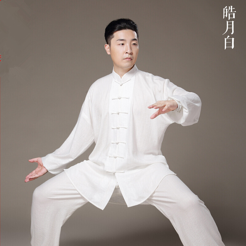 中国风天丝麻太极服女秋冬太极拳练功服男晨练服竖琴纹_1_4 L 皓月白天麻长袖