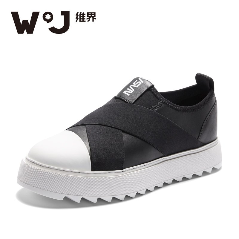 维界秋季男鞋韩版时尚套脚黑色板鞋个性厚底休闲鞋网红原宿风男鞋_1 黑/白 40