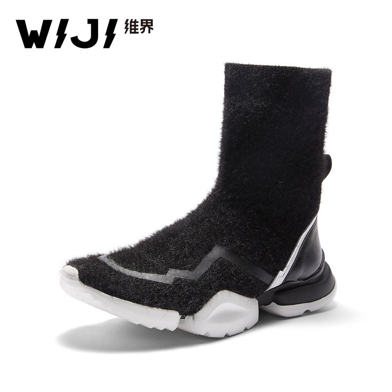 WIJI冬季新款欧美飞织超纤维鞋时尚个性休闲舒适厚底新潮高邦女鞋_1 37 黑色