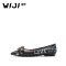 WIJI女鞋2018秋季新款浅口尖头休闲涂鸦印花平底水钻方扣新潮风尚 黑色 37