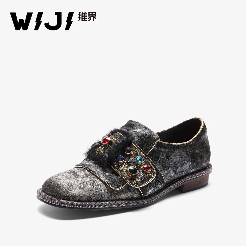 WIJI维界2018秋季新款平底水钻马毛潮品惊艳单鞋街拍时尚粗跟低帮_1 枪银色 39