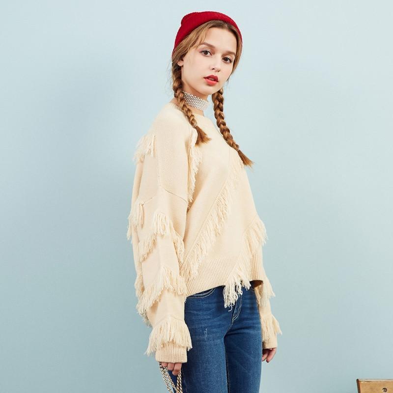 美特斯邦威甜美文艺慵懒风毛衣女潮流流苏长袖毛衫冬装款603323 160/84A 黎明杏