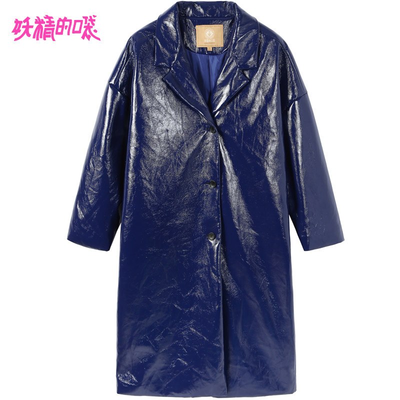 妖精的口袋Y时尚工装小西服领棉衣女冬装2018新款中长款过膝大衣R_1 S 群青色
