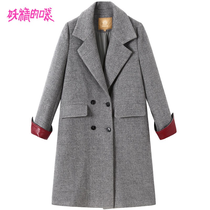 妖精的口袋Y时尚拼接毛呢外套女冬装2018新款中长款过膝呢子大衣R_1 XL 灰小鹿色