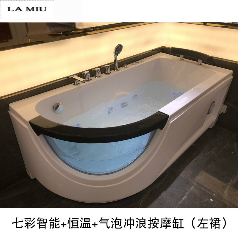 新款欧式浴缸家用小户型浴缸冲浪恒温加热浴池按摩亚克力单人浴盆 冲浪按摩缸（左裙七彩气泡按摩+恒温装置+液晶面板） ≈1.5M