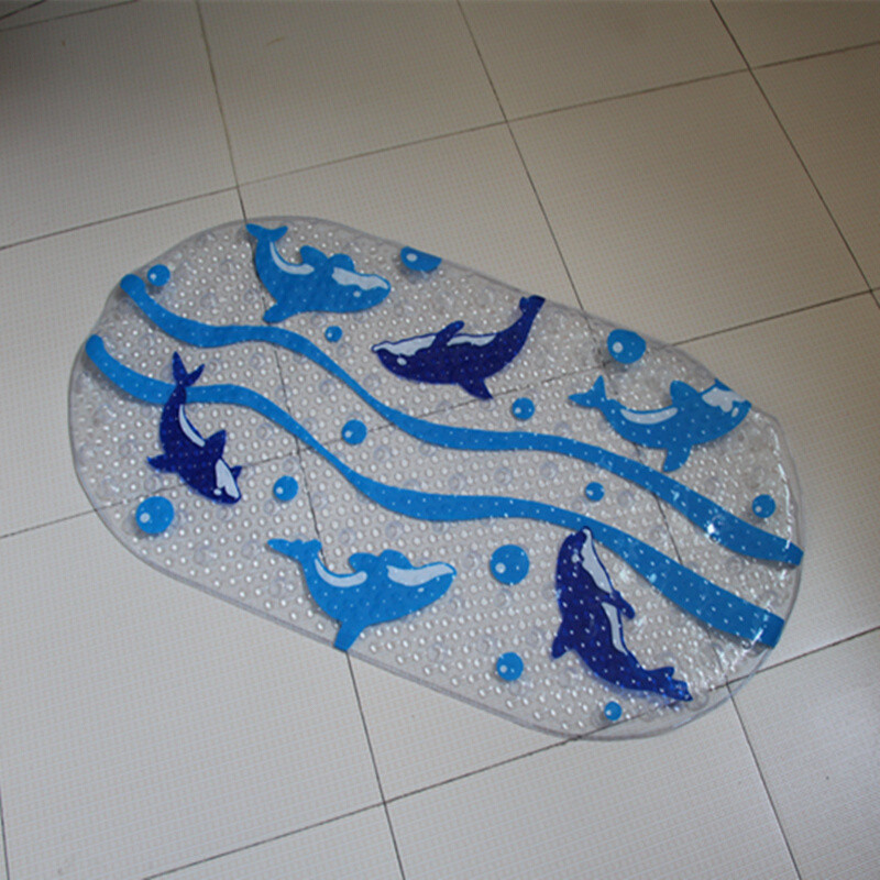 PVC浴室防滑垫防滑带吸盘地垫无味环保卫生间地垫蓝色圆点39*69cm_1_4 蓝色海豚