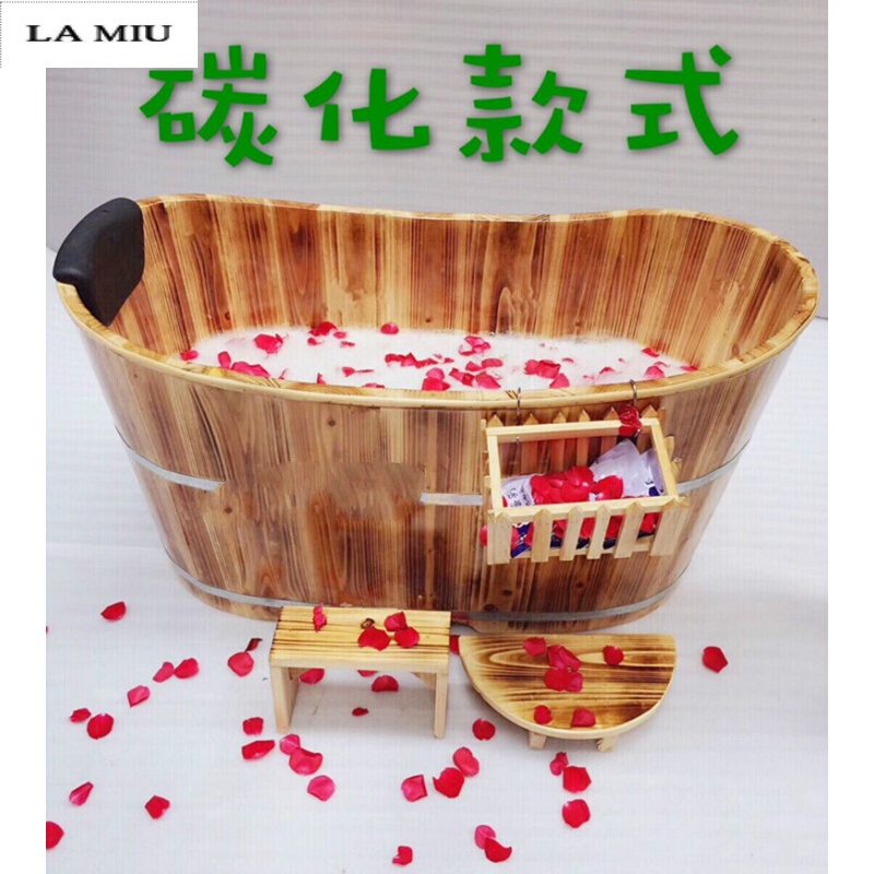 加厚美容院木桶浴桶沐浴桶泡澡木桶浴缸洗澡桶实木质 原木色长100cm宽60cm高65cm