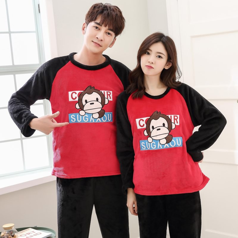 爱心鼠(Aixinshu) 长袖情侣服秋冬季法兰绒保暖睡衣套装秋冬天水貂绒卡通男士女士休闲家居服9391 女款L码 4号款