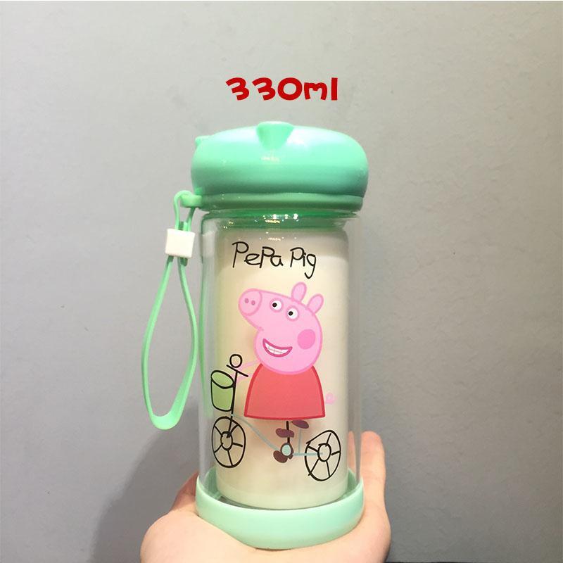 创意可爱卡通小猪佩奇双层玻璃杯子韩国便携学生儿童茶隔随手水杯_2_3 绿色佩奇大号330ml