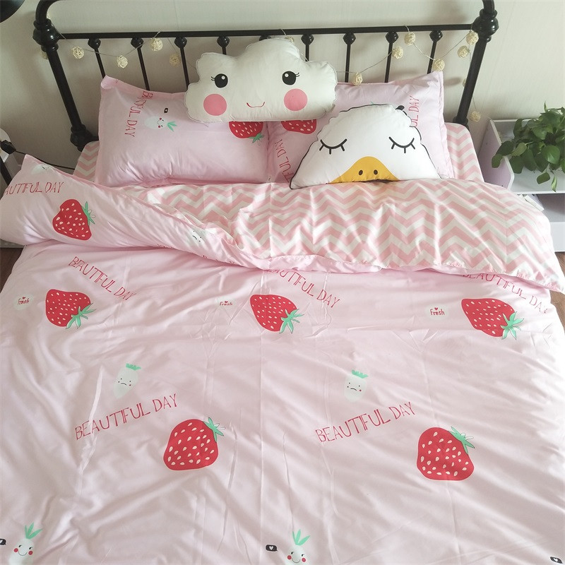 北欧简约格子条纹四件套1.8/2.0m纯色被套床单学生宿舍床上三件套_4_9 1.5m（5英尺）床 玫红色草莓仙子-图片色