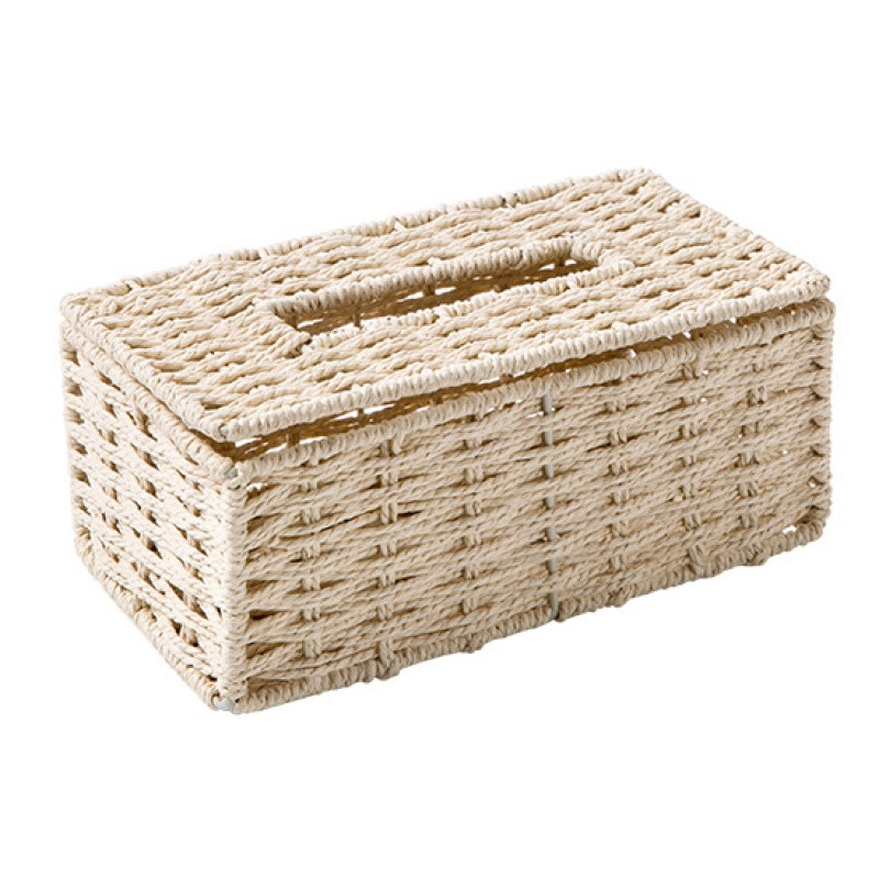 四方达编织纸巾盒家用桌面抽纸盒创意客厅简约茶几收纳盒纸抽盒_1 米色