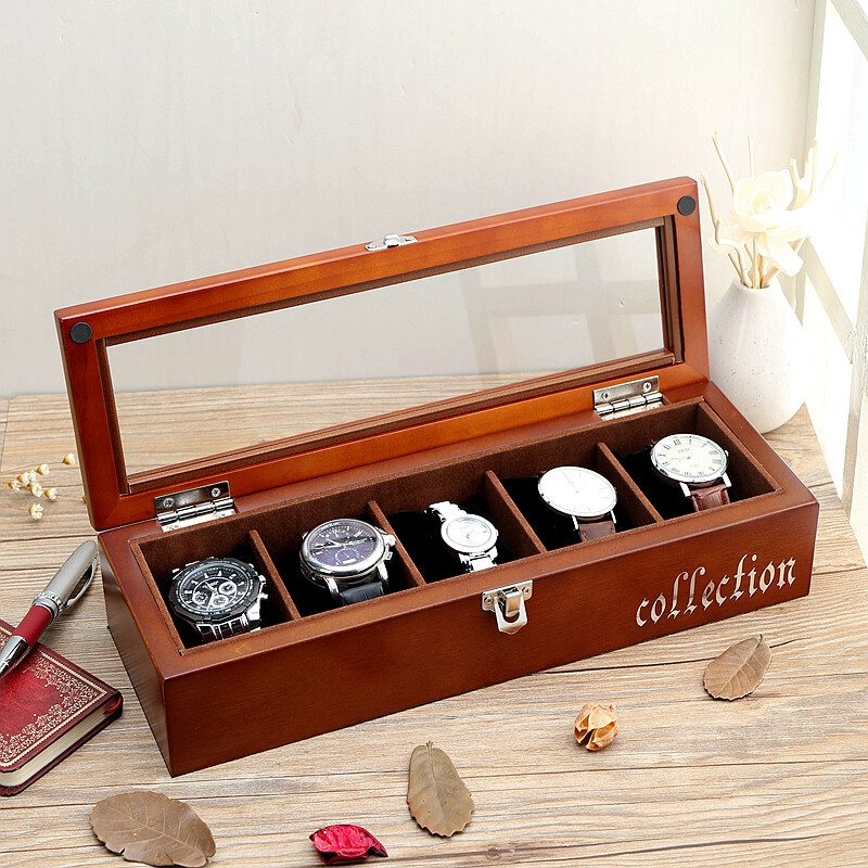 手表盒木质制玻璃天窗手表盒手串链首饰品手表收纳盒子展示盒箱子咖啡色带锁扣有字母_2 咖啡色带锁扣有字母