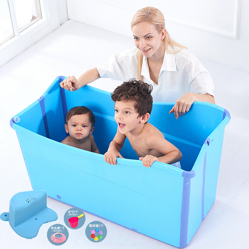 儿童浴桶折叠加大浴盆可折叠坐躺宝宝游泳泡澡桶双人沐浴保温 海天蓝