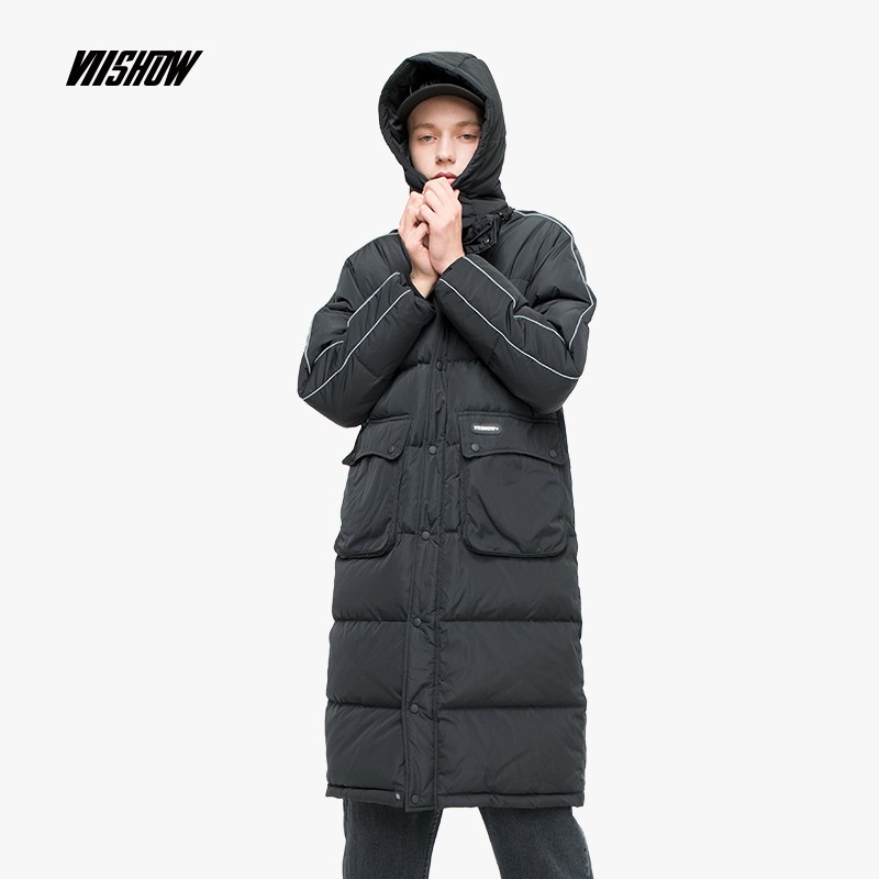 viishow2018冬季新款羽绒服男韩版连帽男士中长款保暖外套青年 185/XXL 黑色