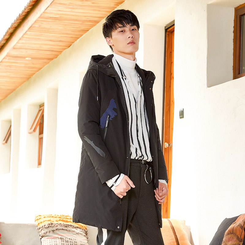 千仞岗 男士轻薄中长款羽绒服纯色休闲连帽外套男 229531 180/2XL 魔力黑88005